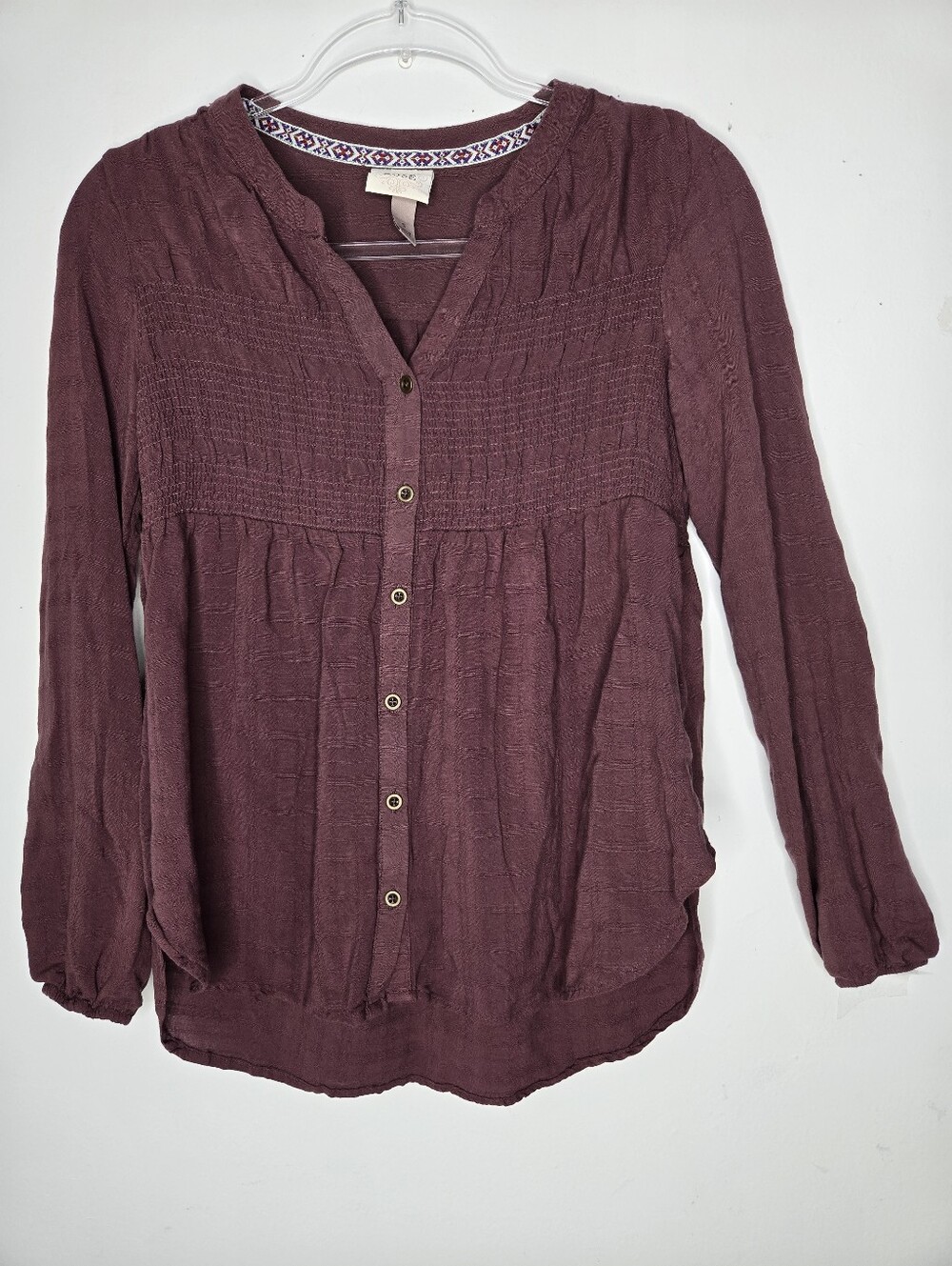 Knox Rose Smocked Blouse Size S Maroon Metal Buttons Hi Low Long Sleeve Boho